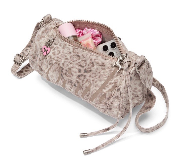 VS PINK Beige Leo Haze Leopard Print Canvas Rolled Duffle Shoulder Bag