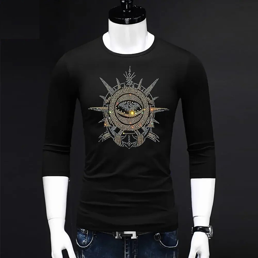 Fashion Trend Stone Rhinestones Streetwear Long Sleeve Luxury Men V-Neck T-Shirt
