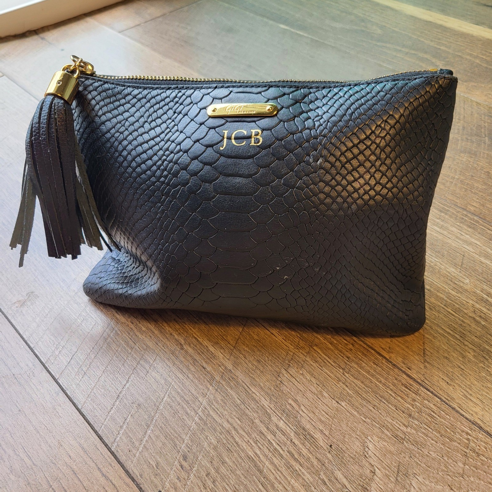 GiGi New York Black Python Embossed Leather Tassel Clutch Monogram JCB