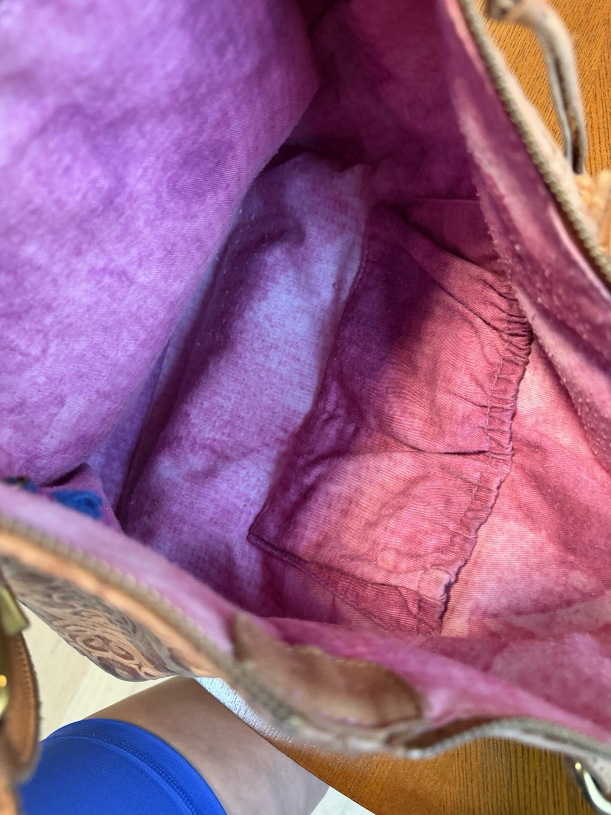 The Sak Brown Embossed Floral Tote Bag Zip Top Purple Lining Pockets Tassel