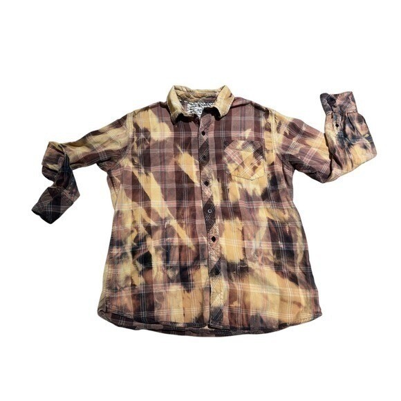 Bleached Flannel Shirt Tie Dye Rust Gray Upcycled Unisex Medium/Large Grunge