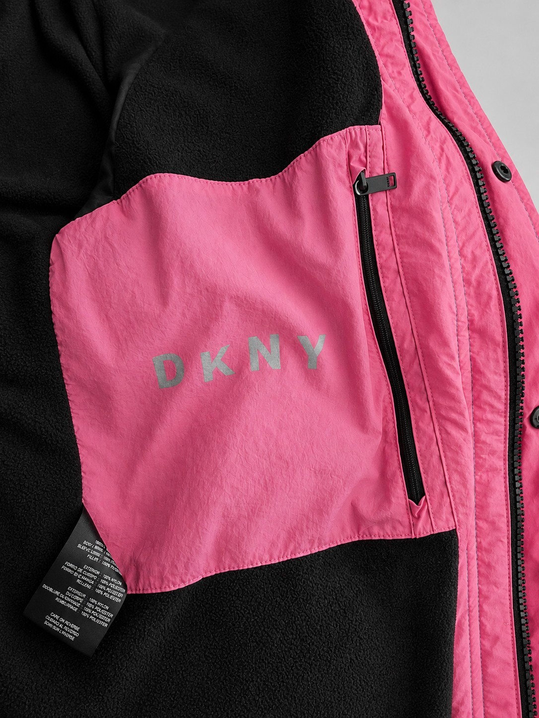 Y2K DKNY Tech Womens Pink Blue Colorblock Hooded Full Zip Jacket Reflective