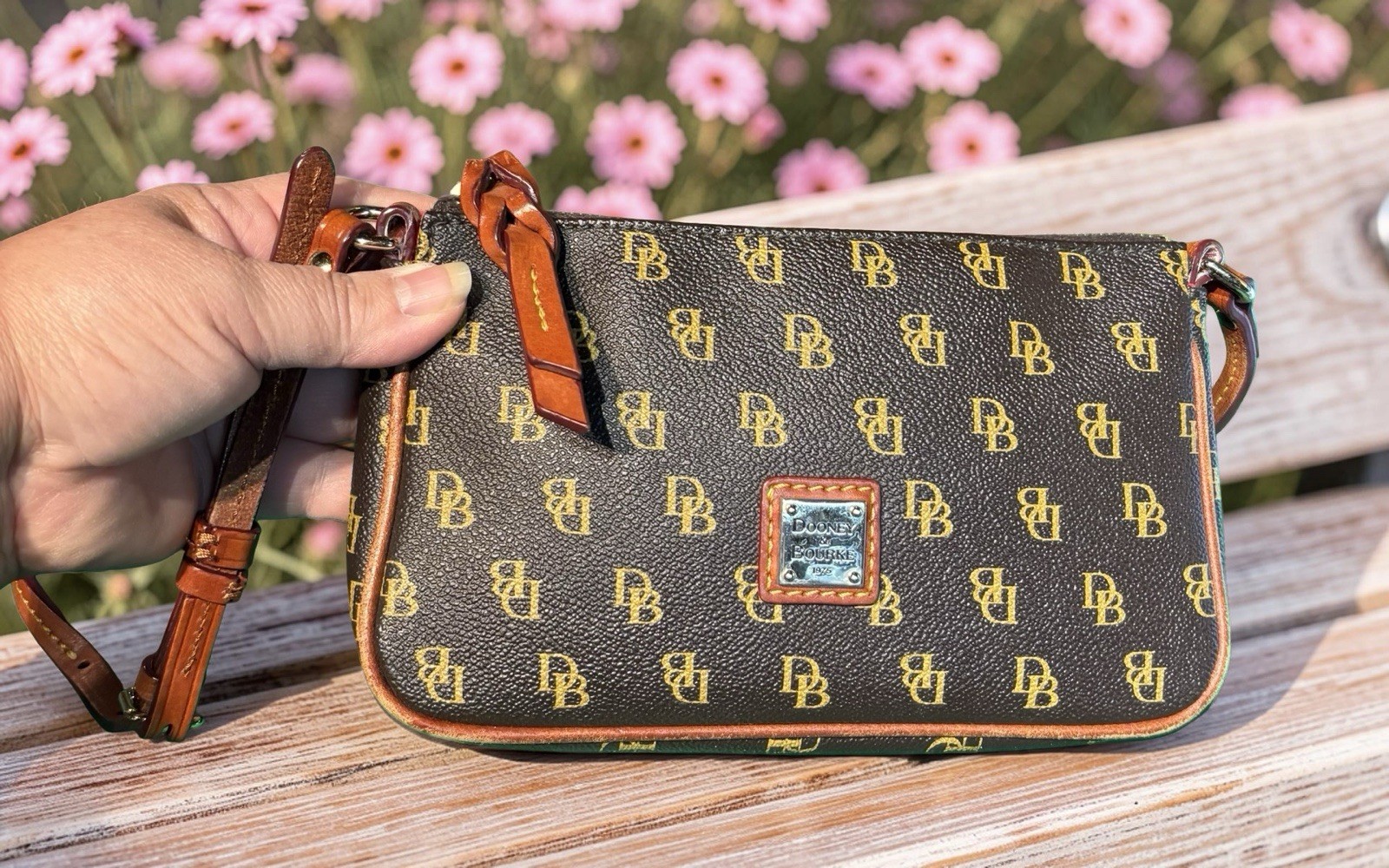 Dooney Bourke Gretta Lexi Small Crossbody Bag Dark Brown T’Moro DB Logo Monogram