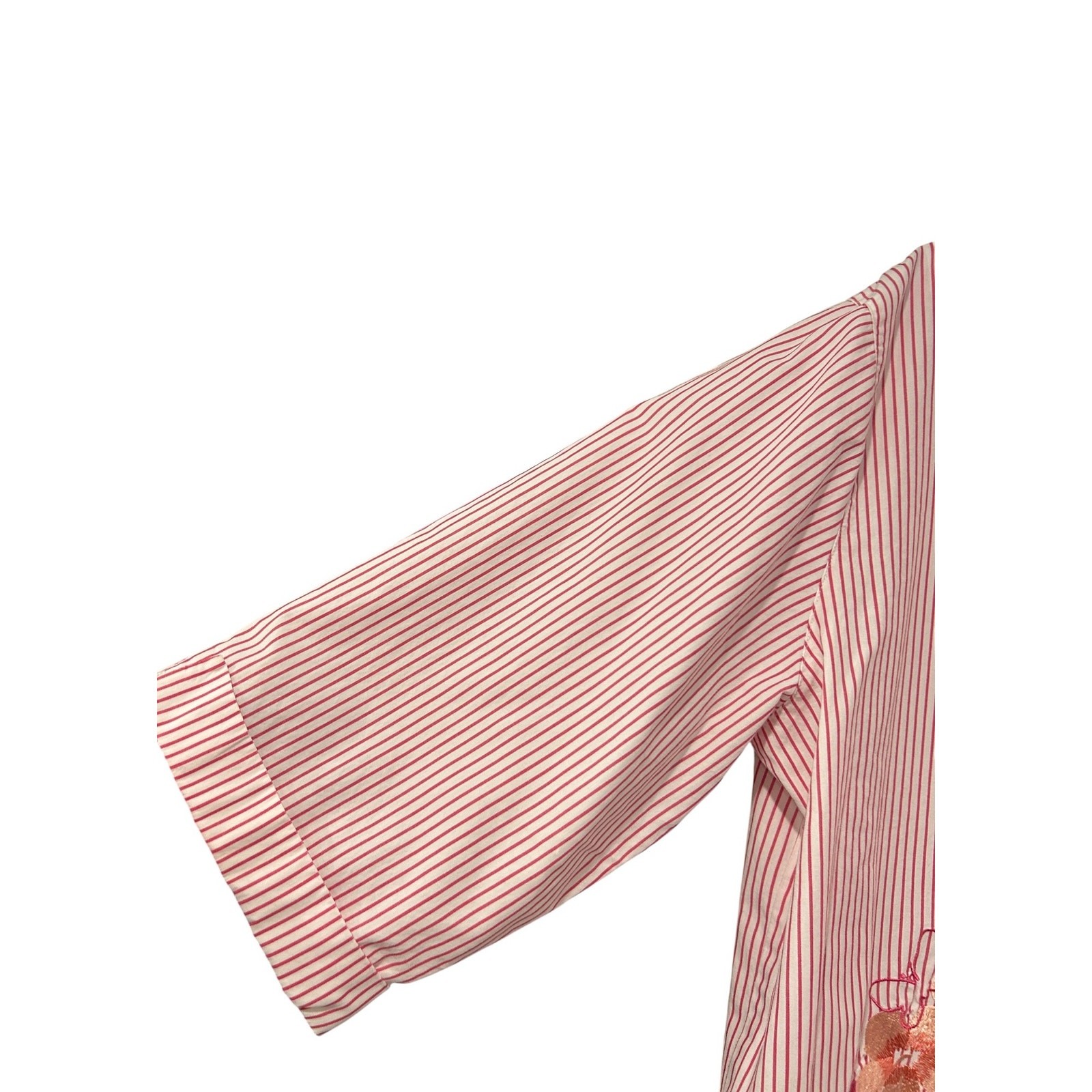 Embroidered Floral Butterfly Stripe Button Shirt Cottage Artsy Pink XL Bechamel