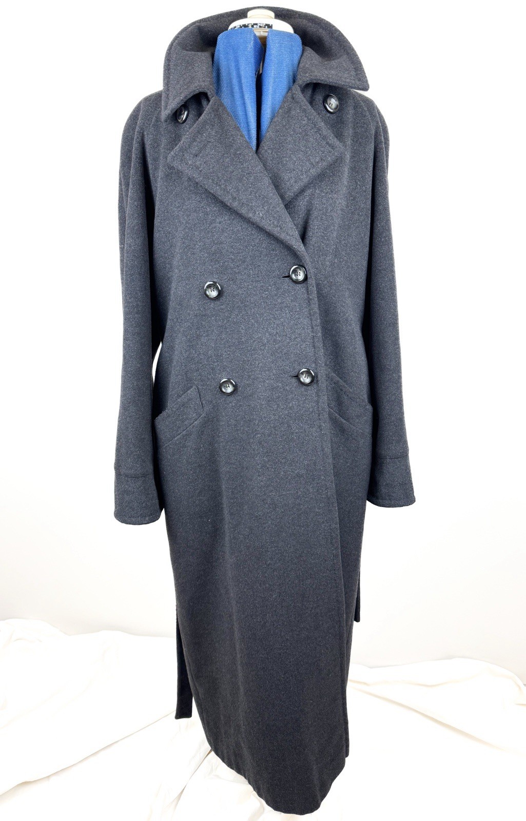 Vintage 90s BHS Virgin Wool Angora Maxi Coat Charcoal Grey Belted Overcoat UK14