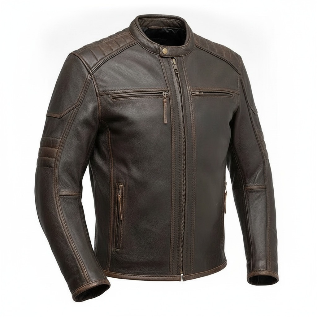Men’s Distressed Brown Real Leather Motorcycle Biker Jacket Cafe Racer Vintage