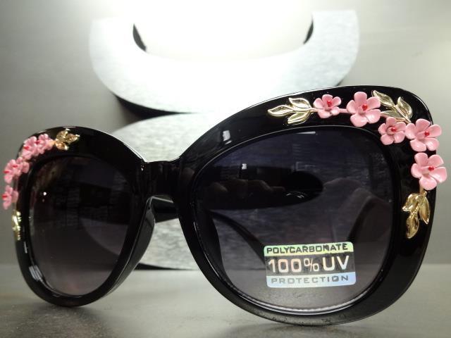VINTAGE RETRO CAT EYE Style SUN GLASSES Black Frame Unique Floral Flower Design
