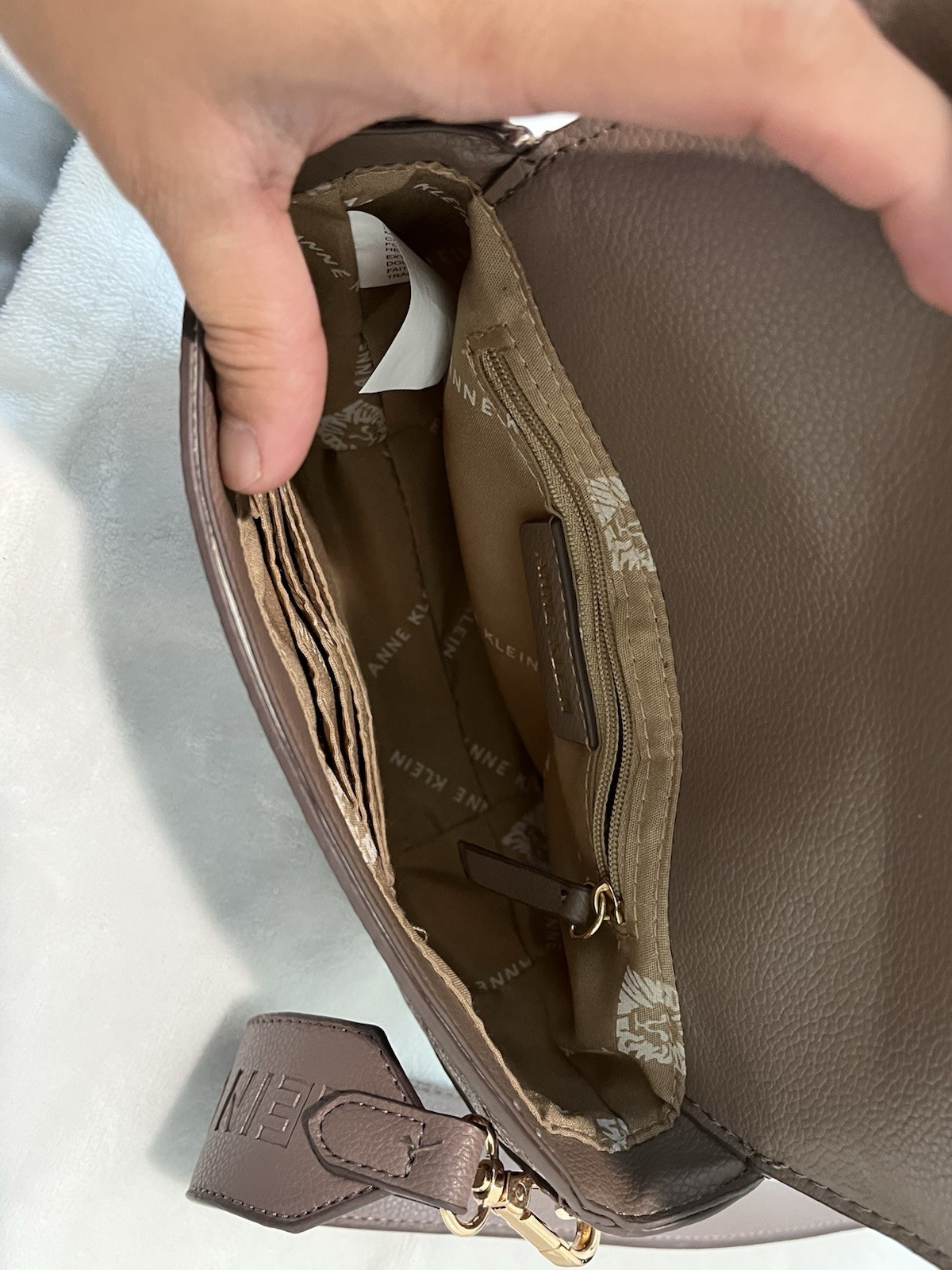Anne Klein Brown Logo Print Crescent Crossbody Bag Zip Closure Gold Hardware