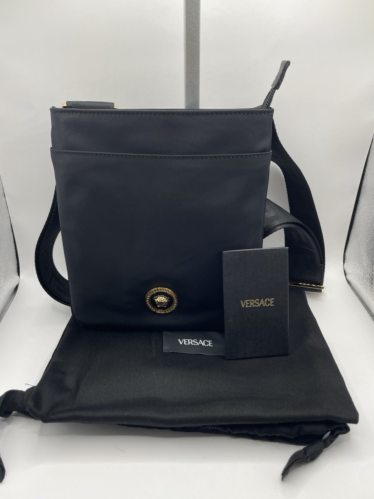 VERSACE Flat Crossbody Bag Fabric Calf Leather Black $800 Retail