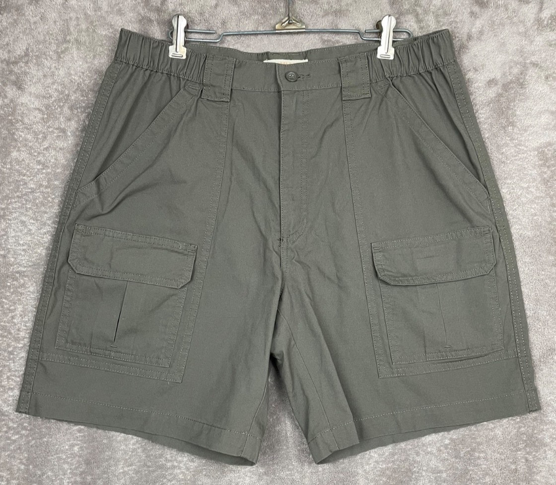 Savane Shorts Mens 34 Olive Green Cotton Canvas Elastic Waist Cargo Utility Hike