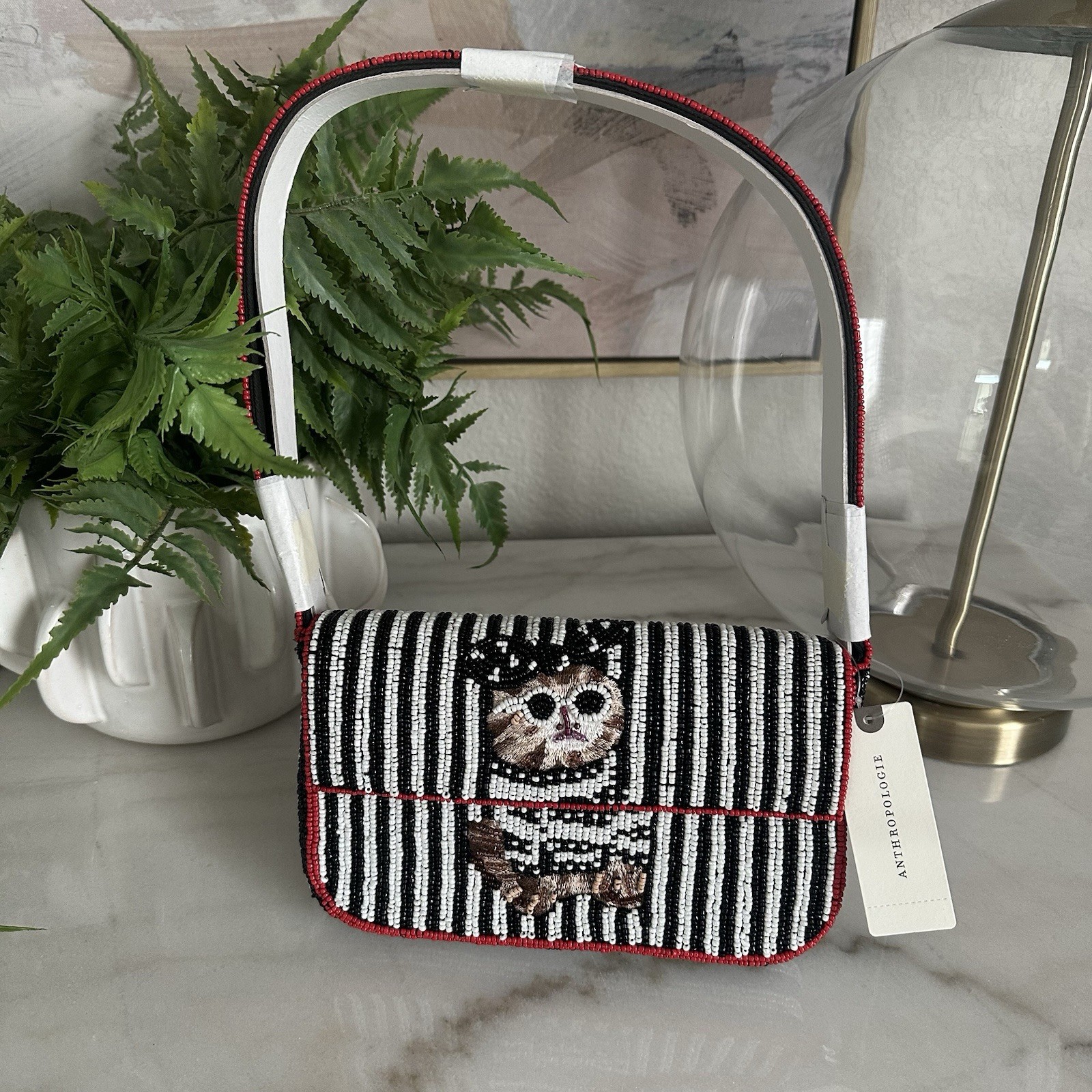 Anthropologie THE FIONA BEADED BAG: ANIMAL EDITION IN BLACK New With Tags Cat
