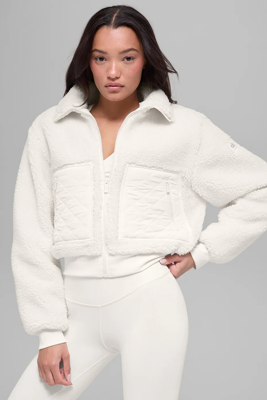 AIo Yoga Women’s Sherpa Edge Bomber Short Jacket Warm Casual Sports Ivory Color