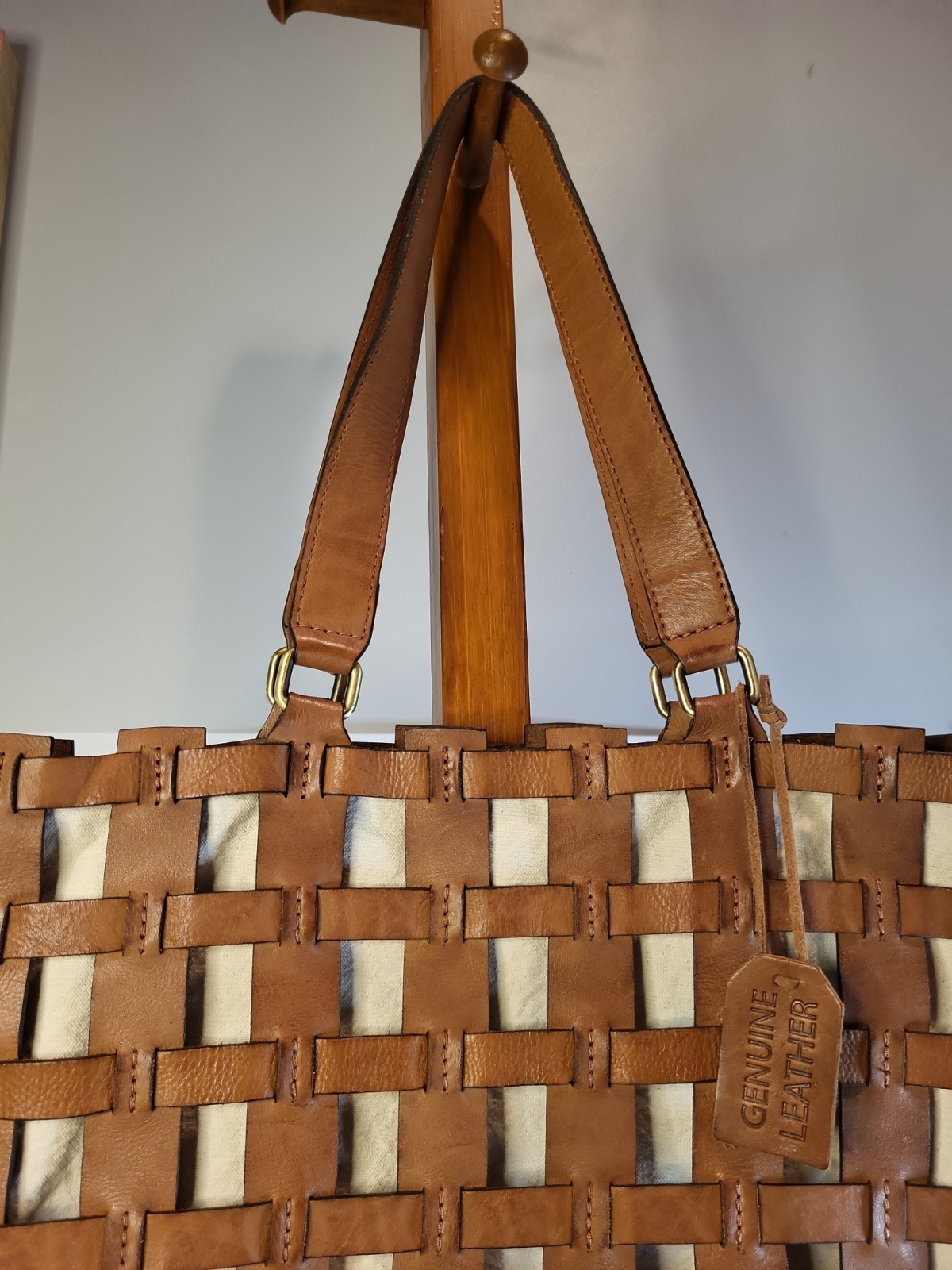 Vintage Genuine Woven Leather Lattice Like Pattern With Canvas Interior Shoulder