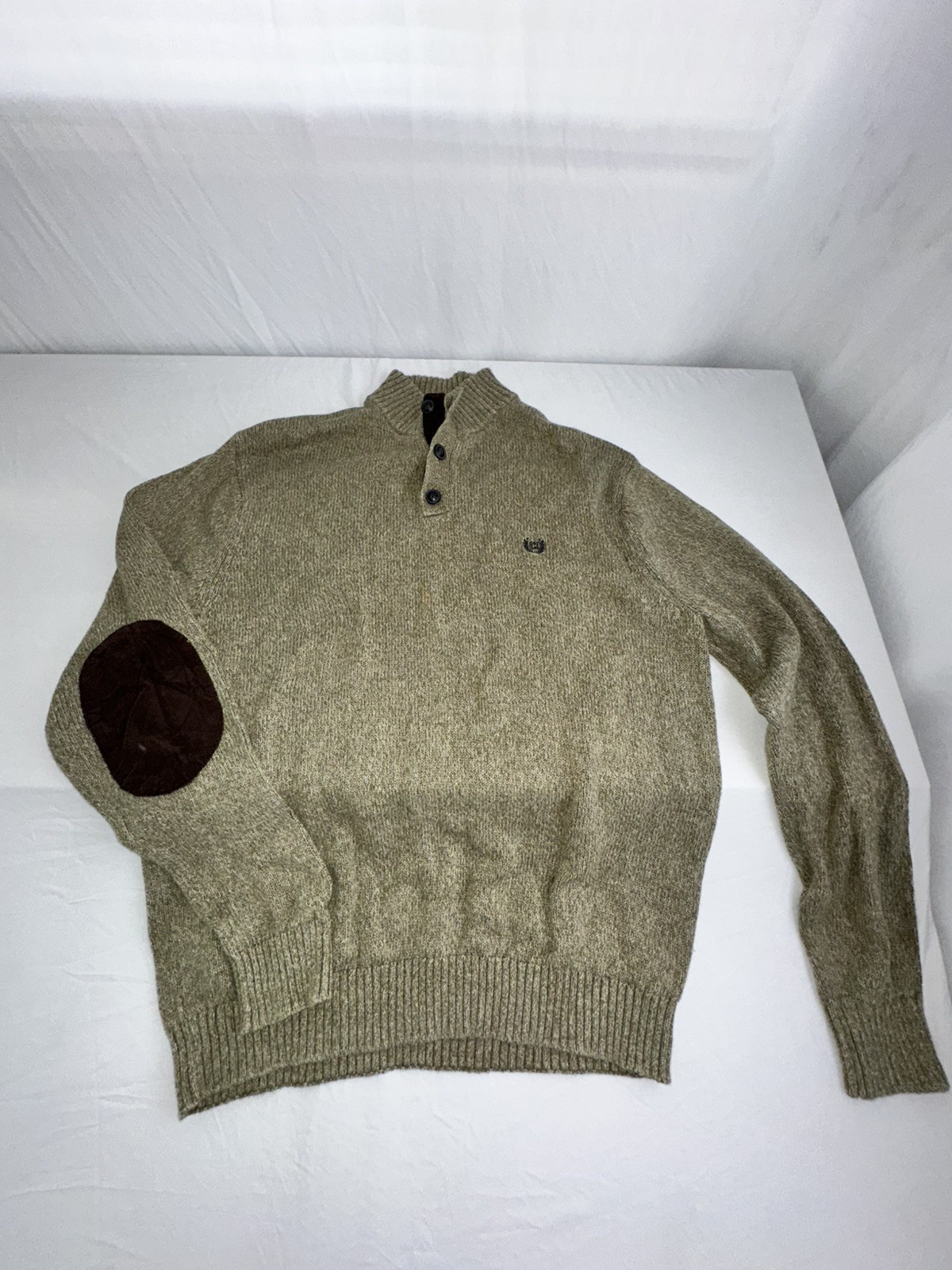 CHAPS Mens Lg Cardigan Sweater Cotton 3 Buttons Henley Elbow Pads Preppy Classic