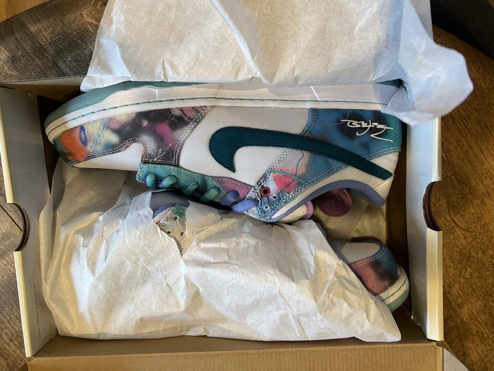 Size 15 – Futura Laboratories x Nike Dunk SB Low Bleached Aqua
