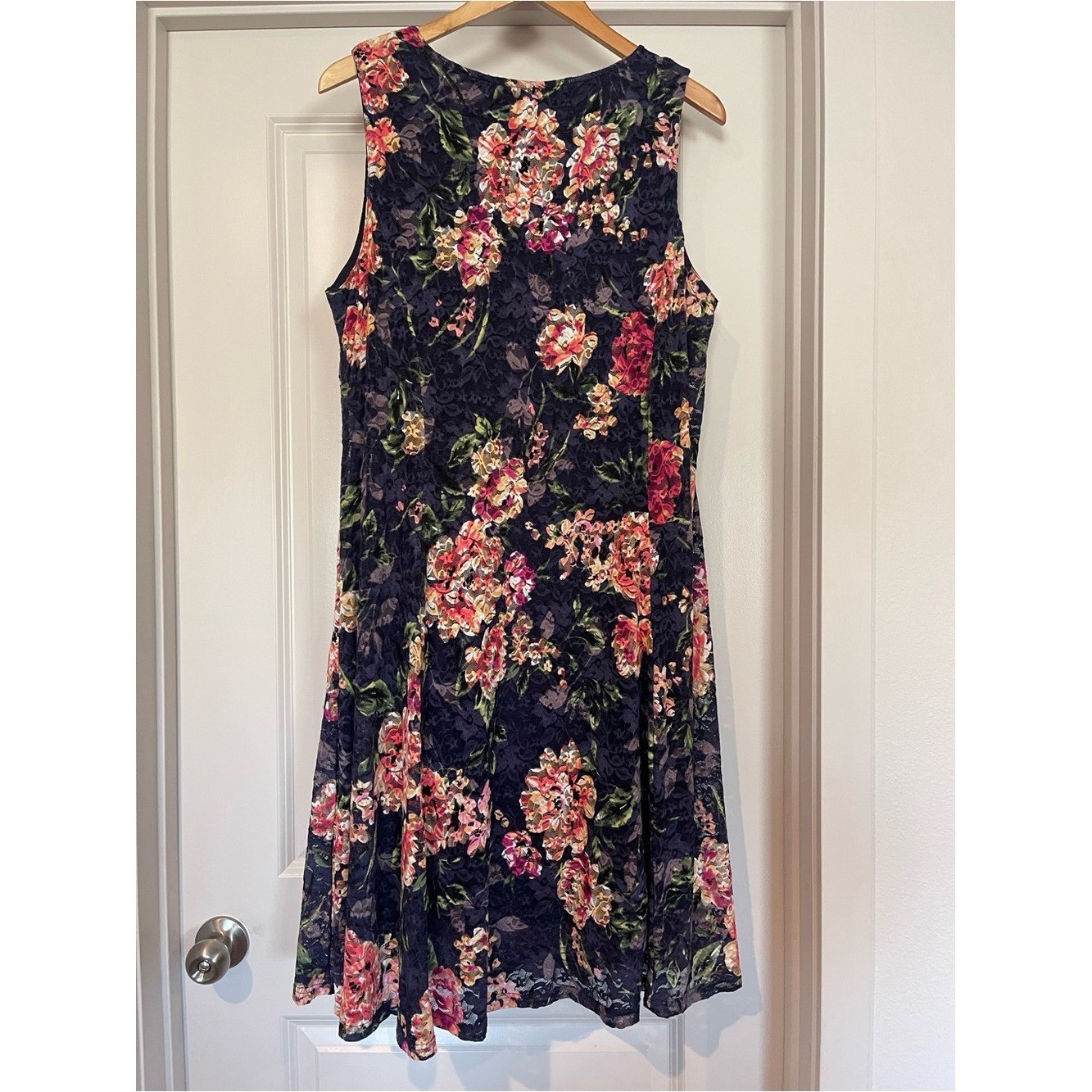 Papillon Navy Floral Sleeveless Midi Dress with Pink & Green Accents Flowy Lace