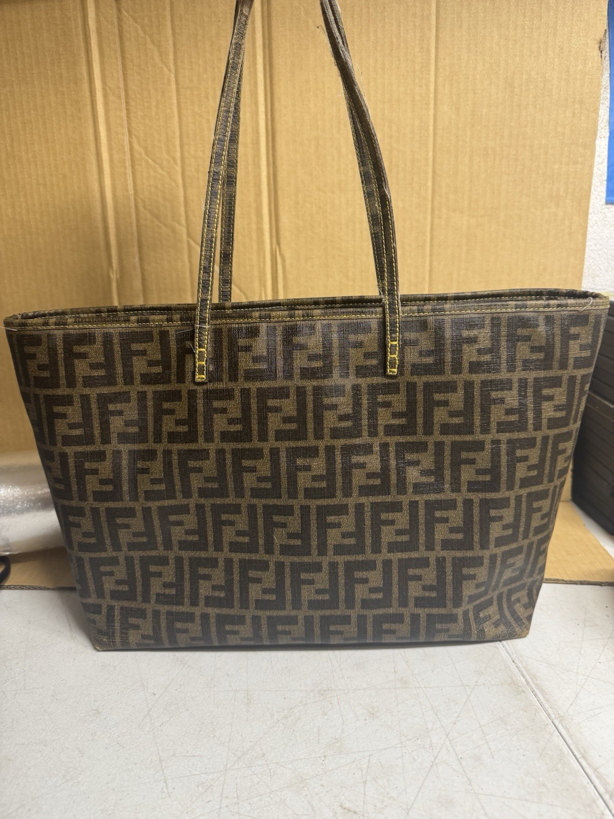 Fendi Zucca FF Roll Tote Bag Brown Canvas Leather Large Authentic 8BH185