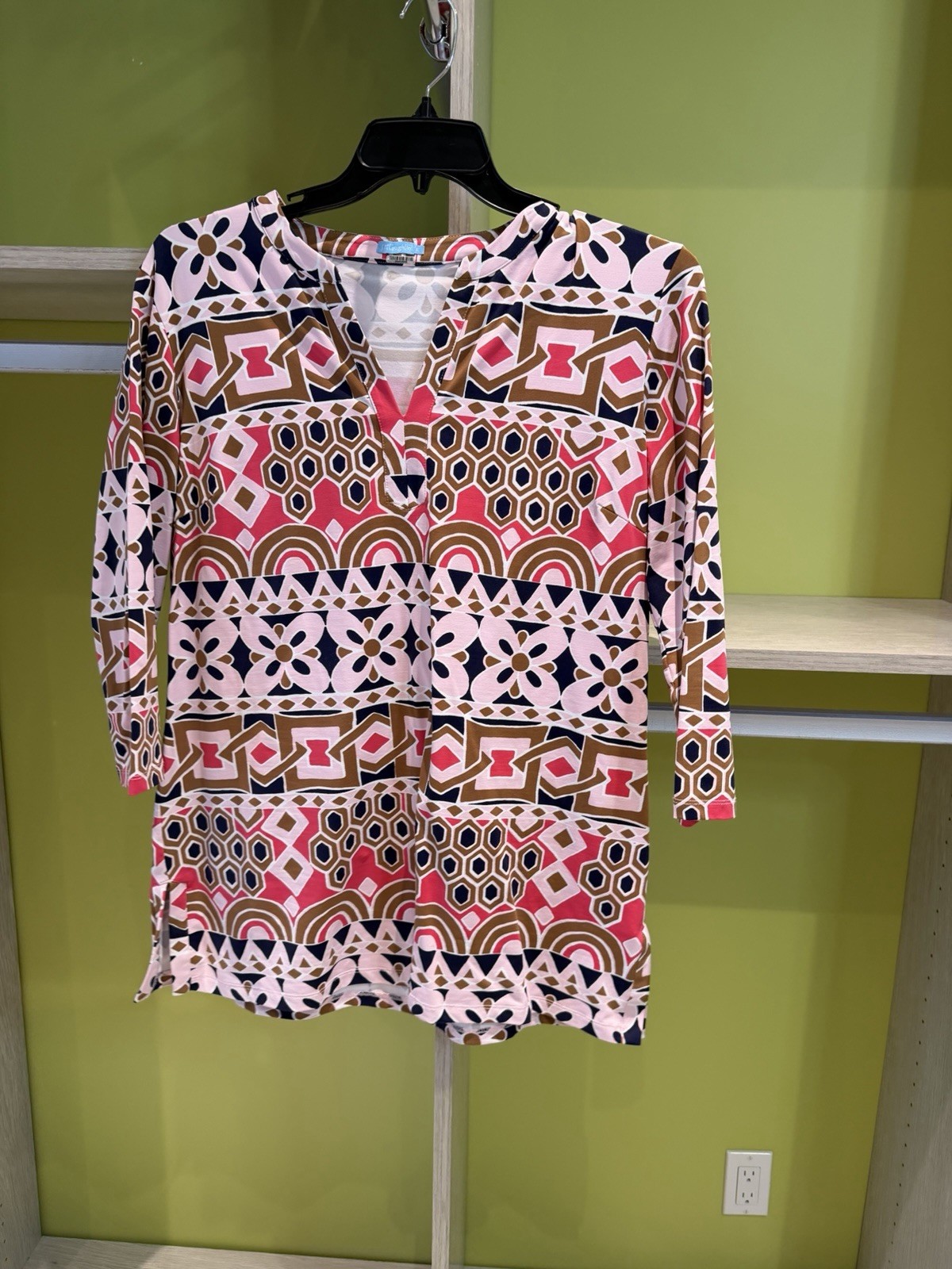 J. McLaughlin Blouse / Tunic Womens XL Pink Geometric Stretch Sateen