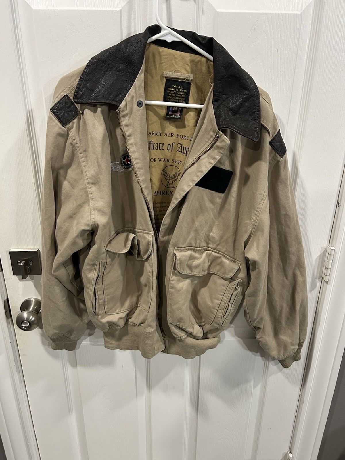 Avirex Men’s M Beige Flight Bomber Jacket Vintage W/ Wings Over Houston Patch