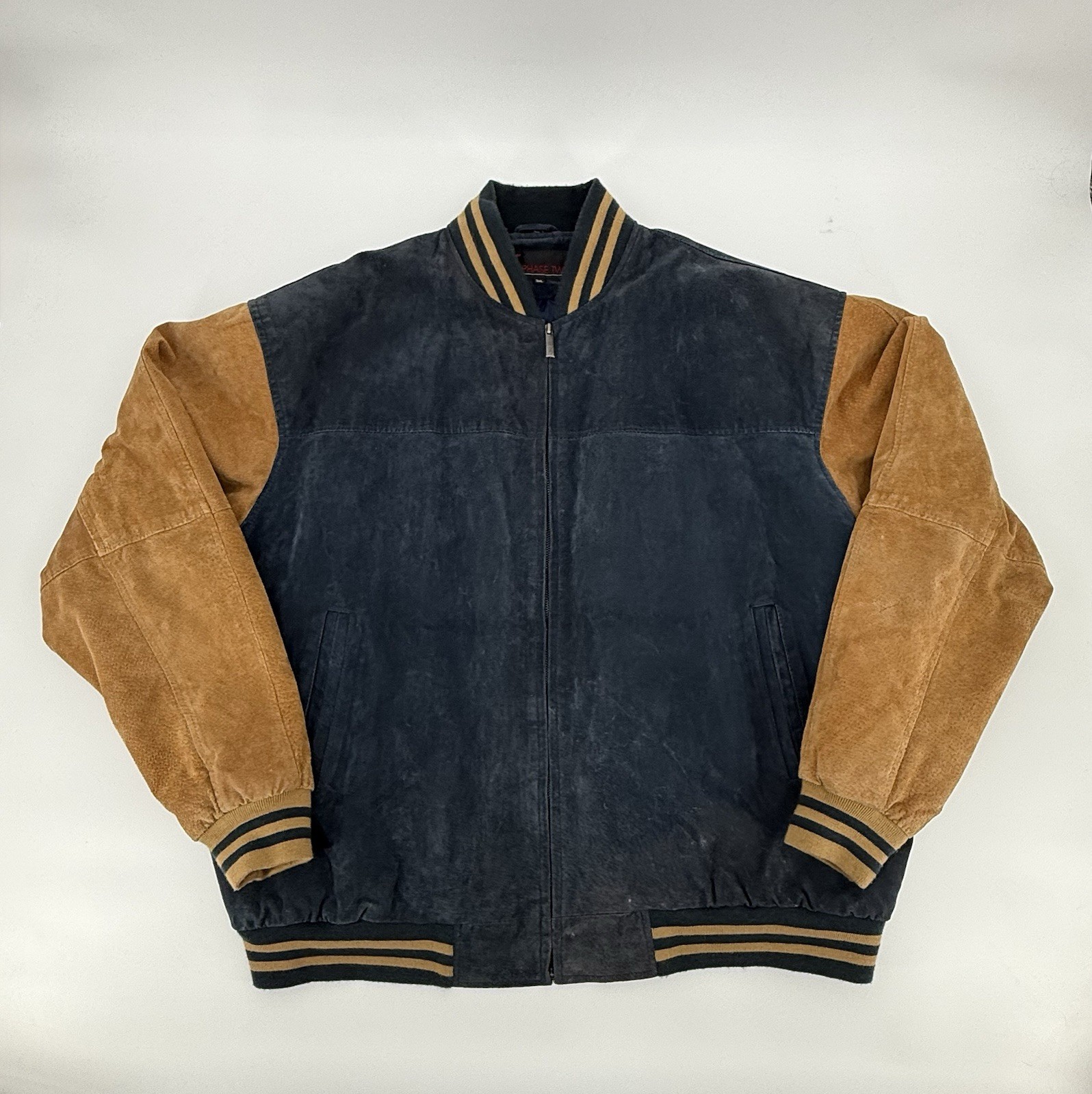 Vintage 90s Phase Two Navy & Tan Suede Leather Varsity Jacket Men’s Size 3XL