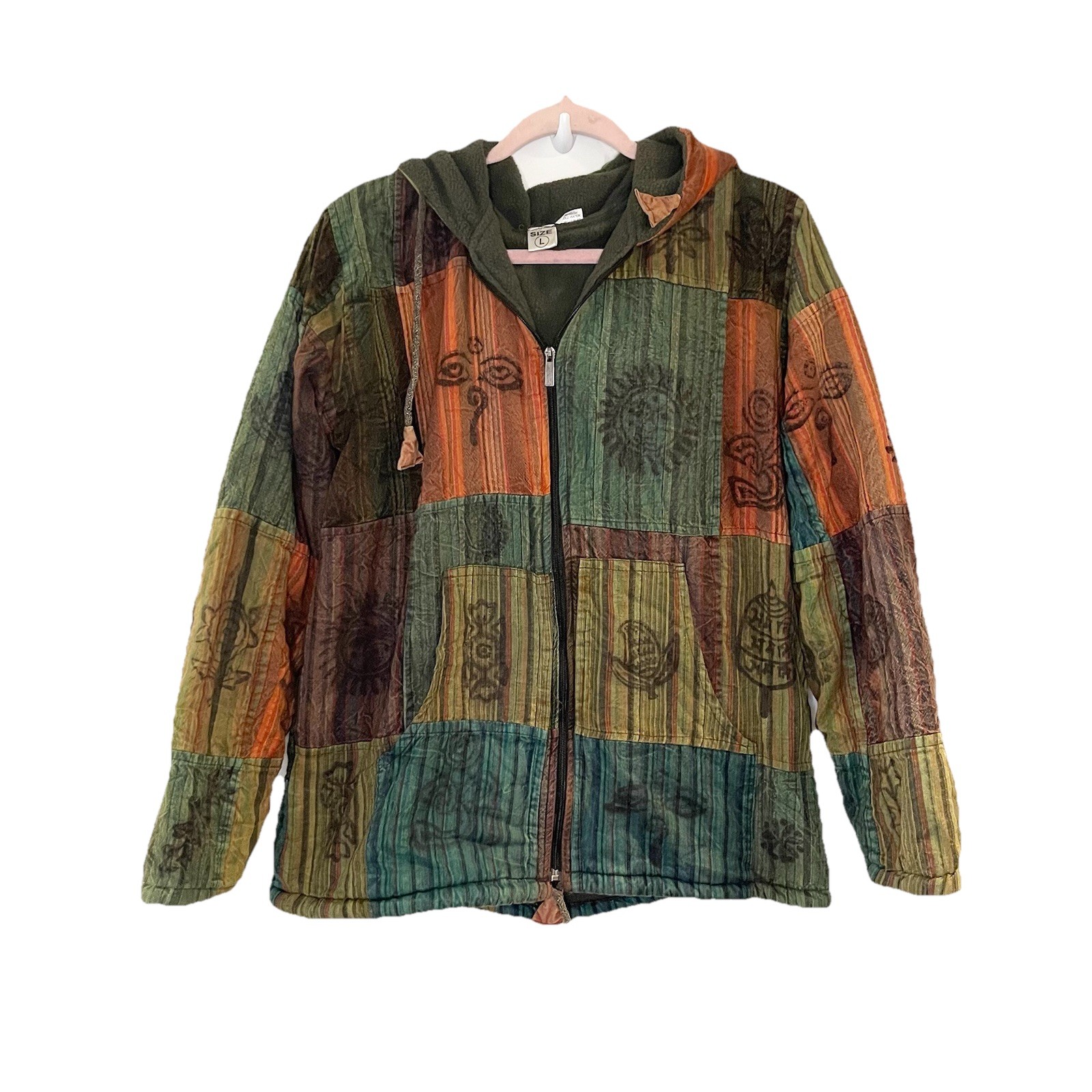 Green Patchwork Cotton Fleece Winter Jacket Unisex Hippie Jacket Hoodie Hipster