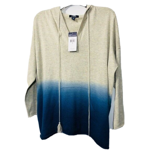New Chaps Womens Blue Ombre Hooded Knit Pullover Kangaroo Pocket Hoodie Sz S
