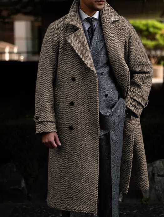Herringbone Men’s Long Overcoat Tweed Formal Business Double Breasted Men Jacket