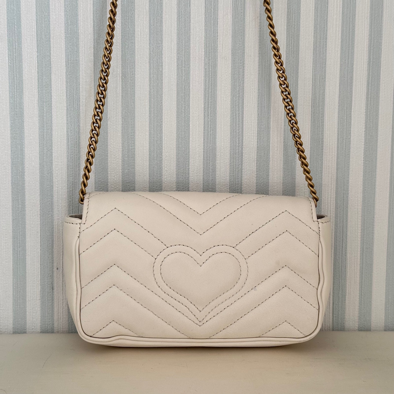 GUCCI GG Marmont 476433 Leather Chain Shoulder Bag White Crossbody with Dust Bag