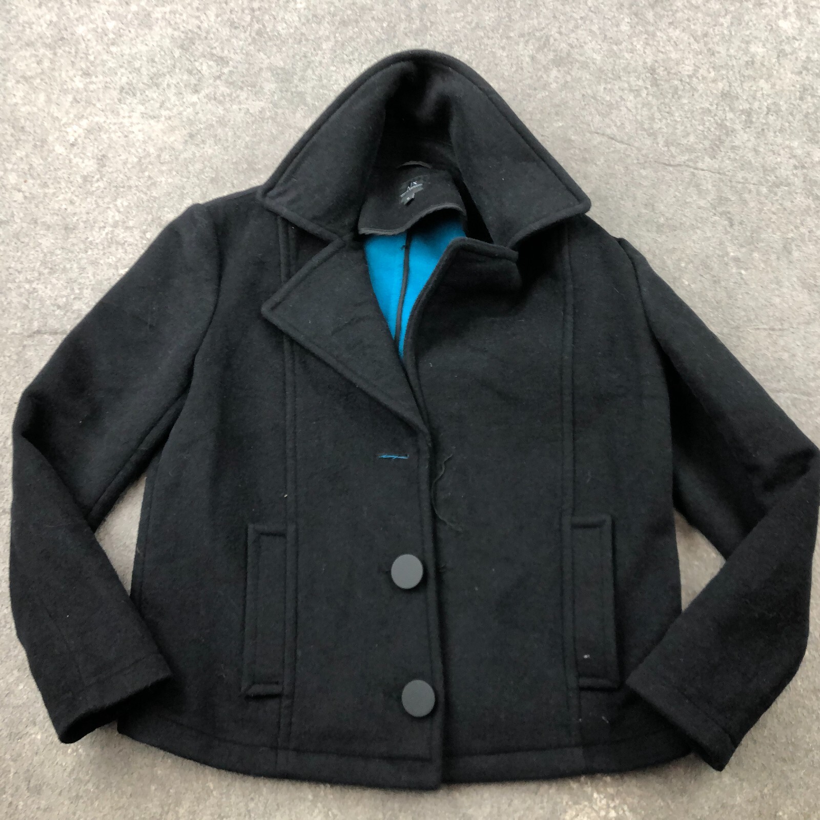 ARMANI Exchange Jacket Womens Medium Black Blue Fabric Wool Pea Coat *