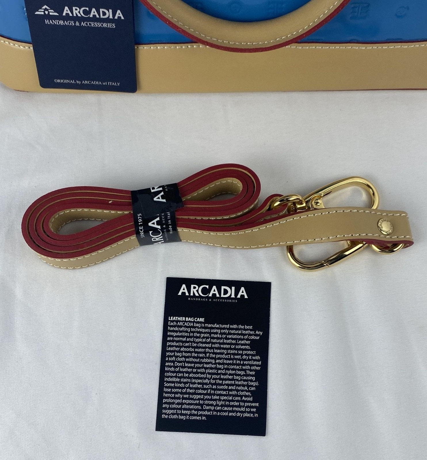 Arcadia Italy Sky Blue/Natural Embossed Patent Leather Handle Crossbody NWT
