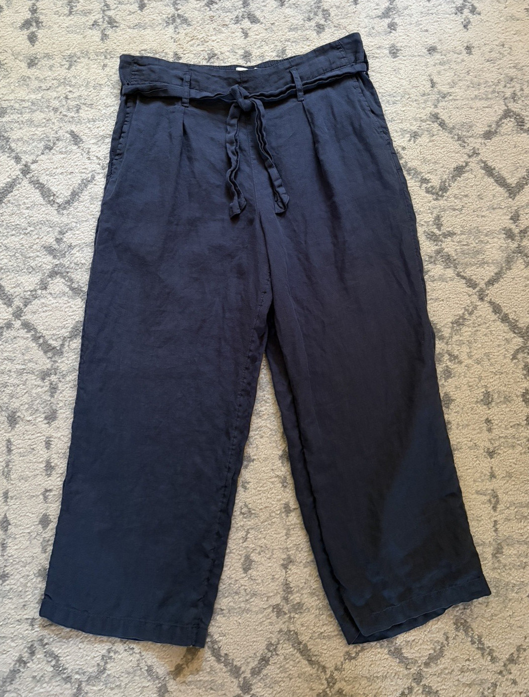 Nicole Miller Linen Pants Large L Blue Wide Leg Cropped Paperbag Waist Tie Belt