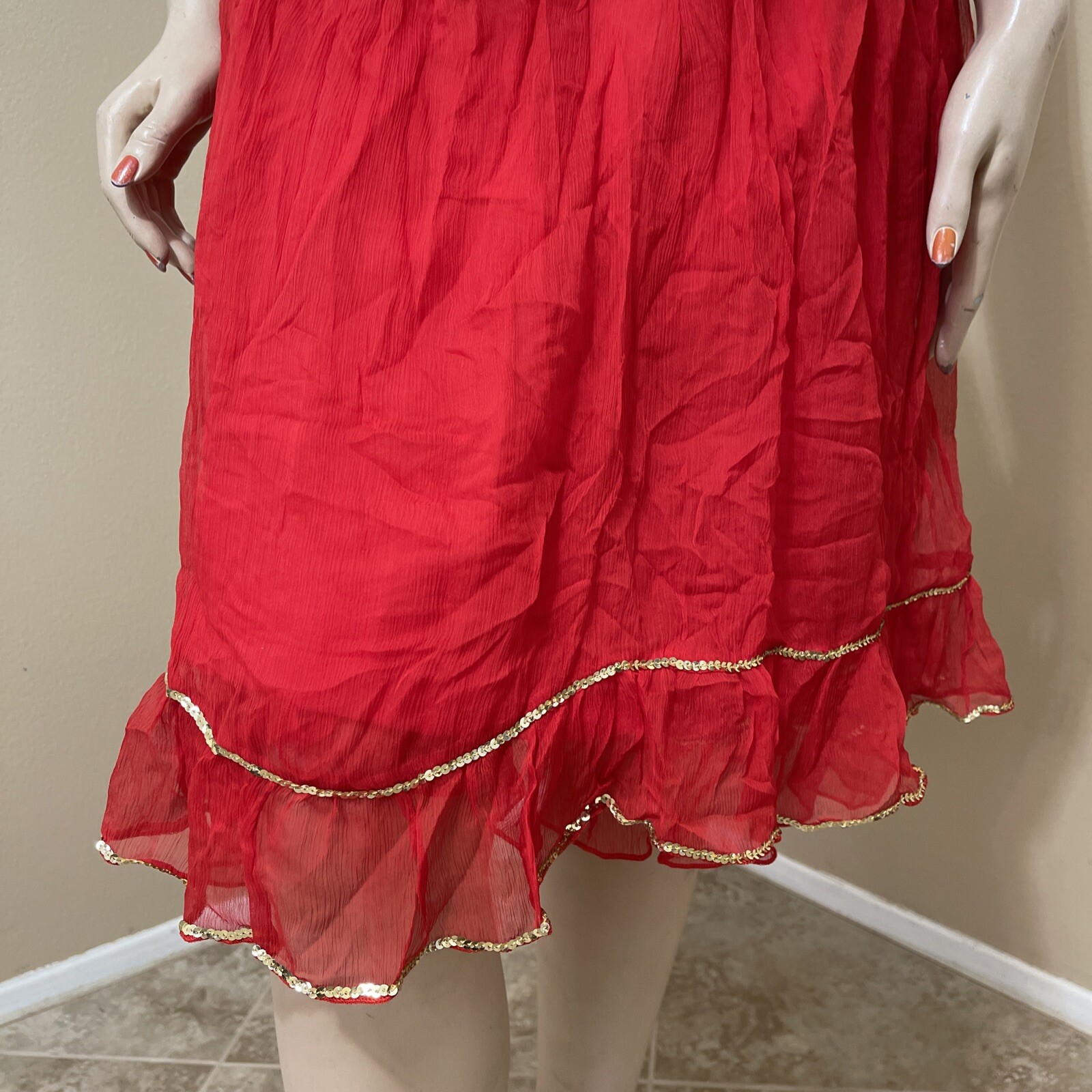 Women’s Red Silk Casual Beaded Embroidered Ruffle Zipper Size M(6-8) Skirt