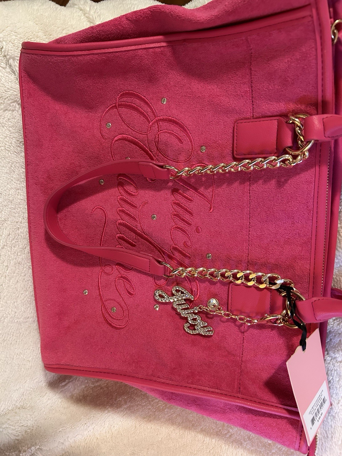 Juicy Couture Large Pink Logo Tote Zip Top Gold Chain Straps Rhinestone Charm