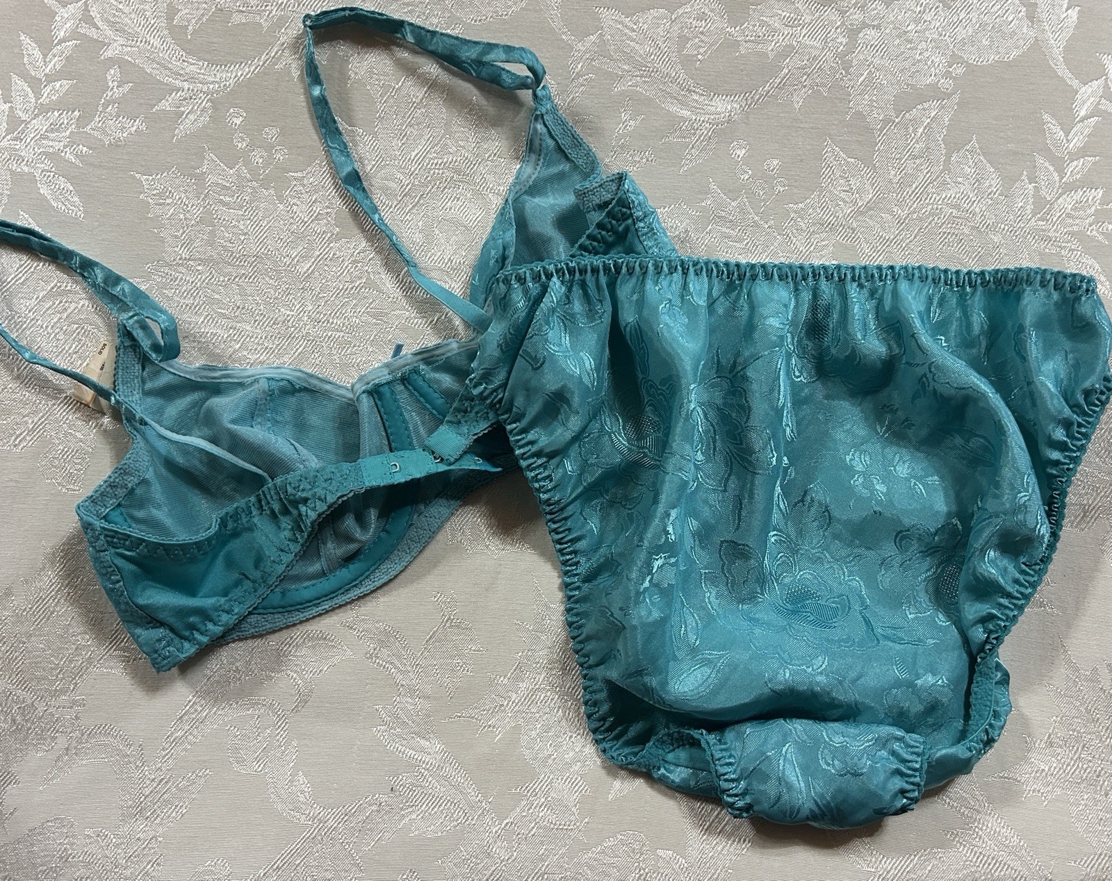 NWT Vtg NO EXCUSES Floral Shiny Satin 36C Bra Sz 7 Hi-Cut Panties Set