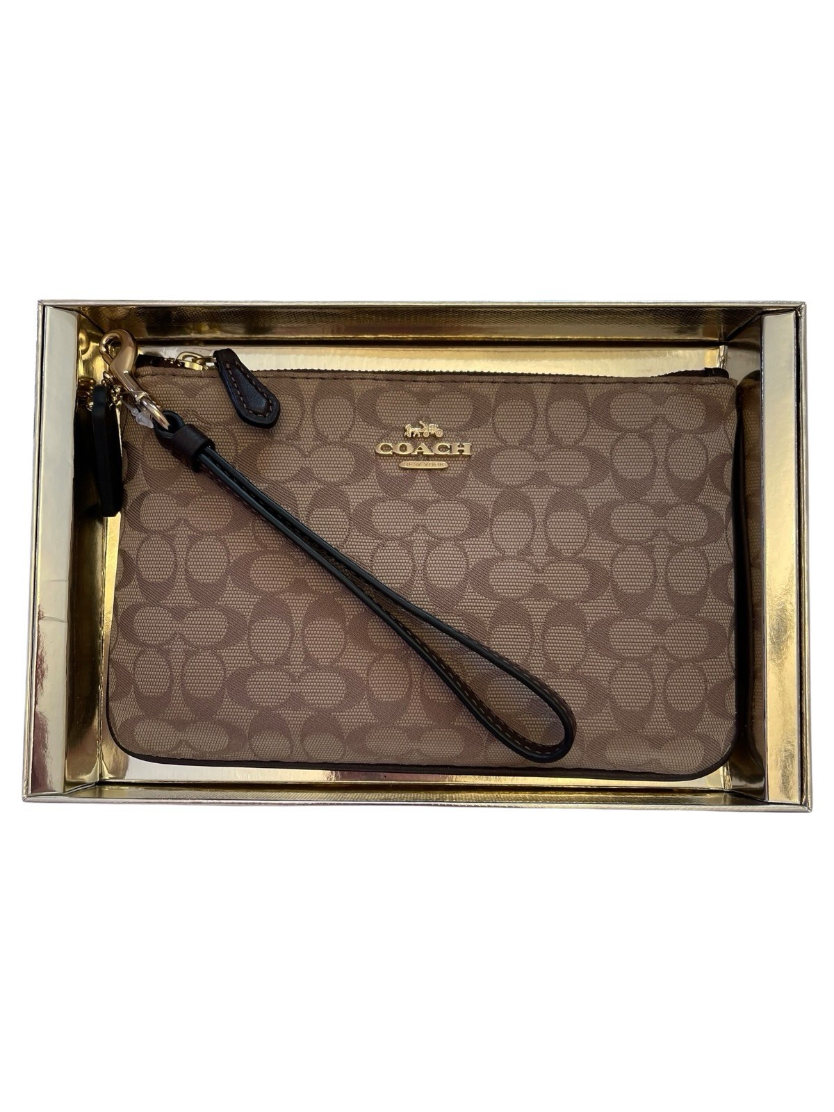 Coach Signature Wristlet Brown/Black Gold Hardware w/ Box & Card