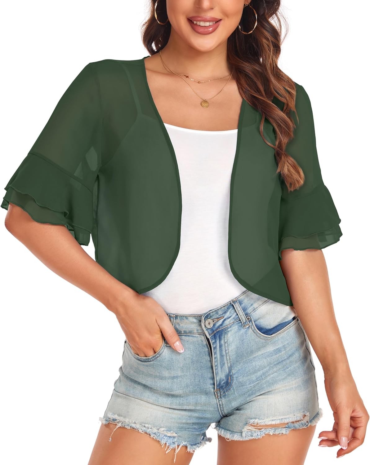 Womens Short Sleeve Shrug Open Front Sheer Ruffle Cardigan Lightweight Jacket