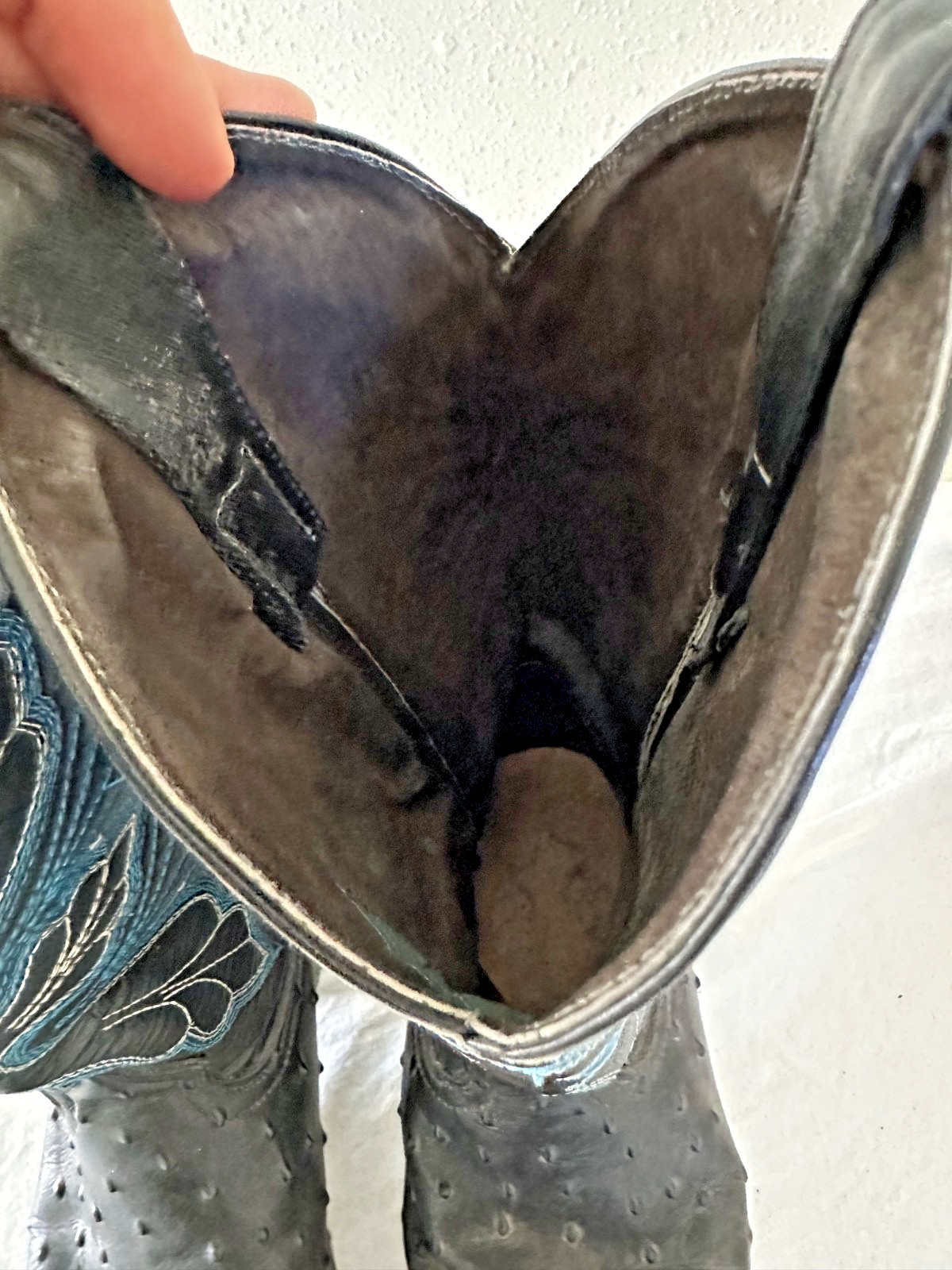 John Davis Cowboy Boots Black Ostrich Embossed Blue Butterfly Stitching W 9 M 7