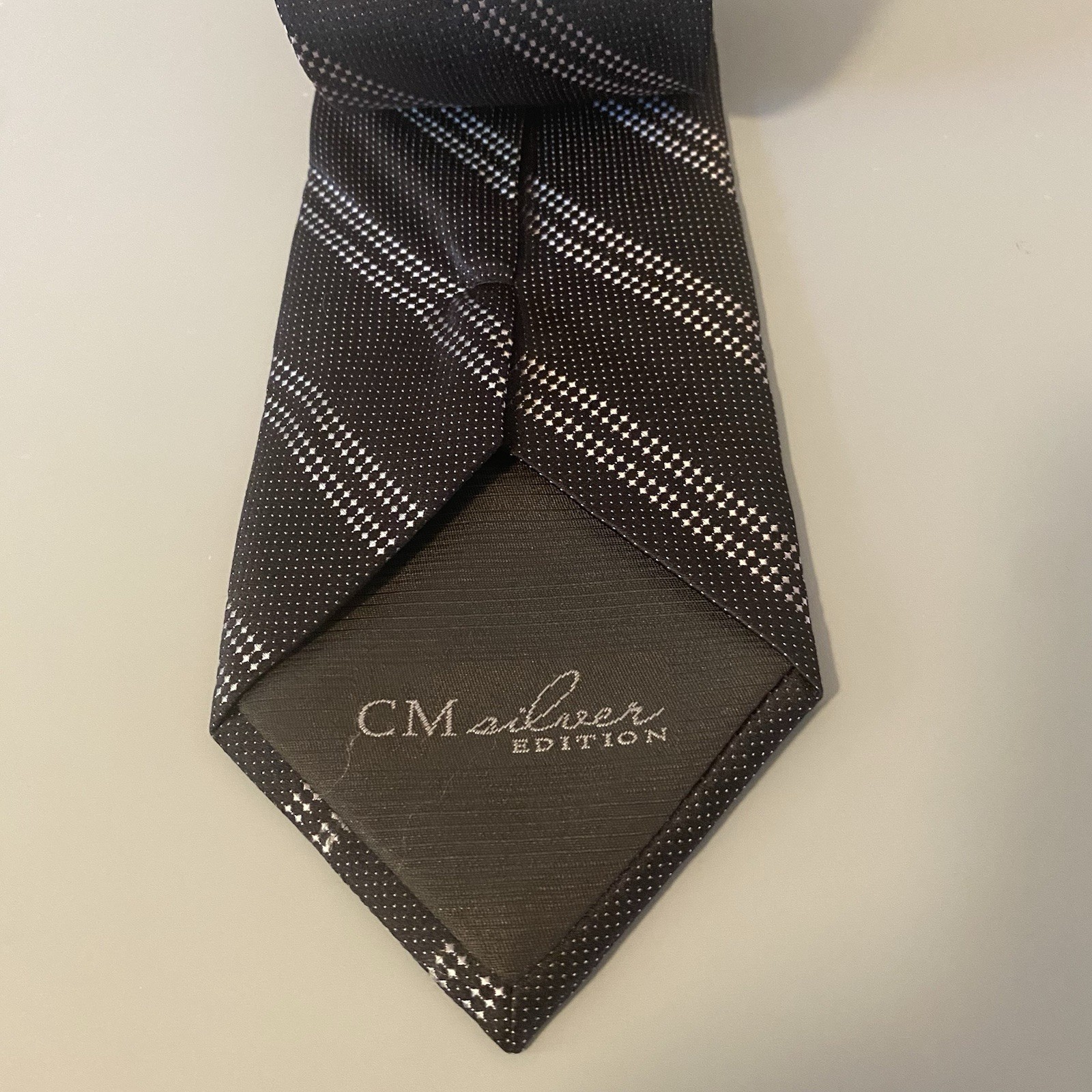 CM Silver Edition Men’s Tie Black Background 100% Silk Textured 3.75 x 64 Inches