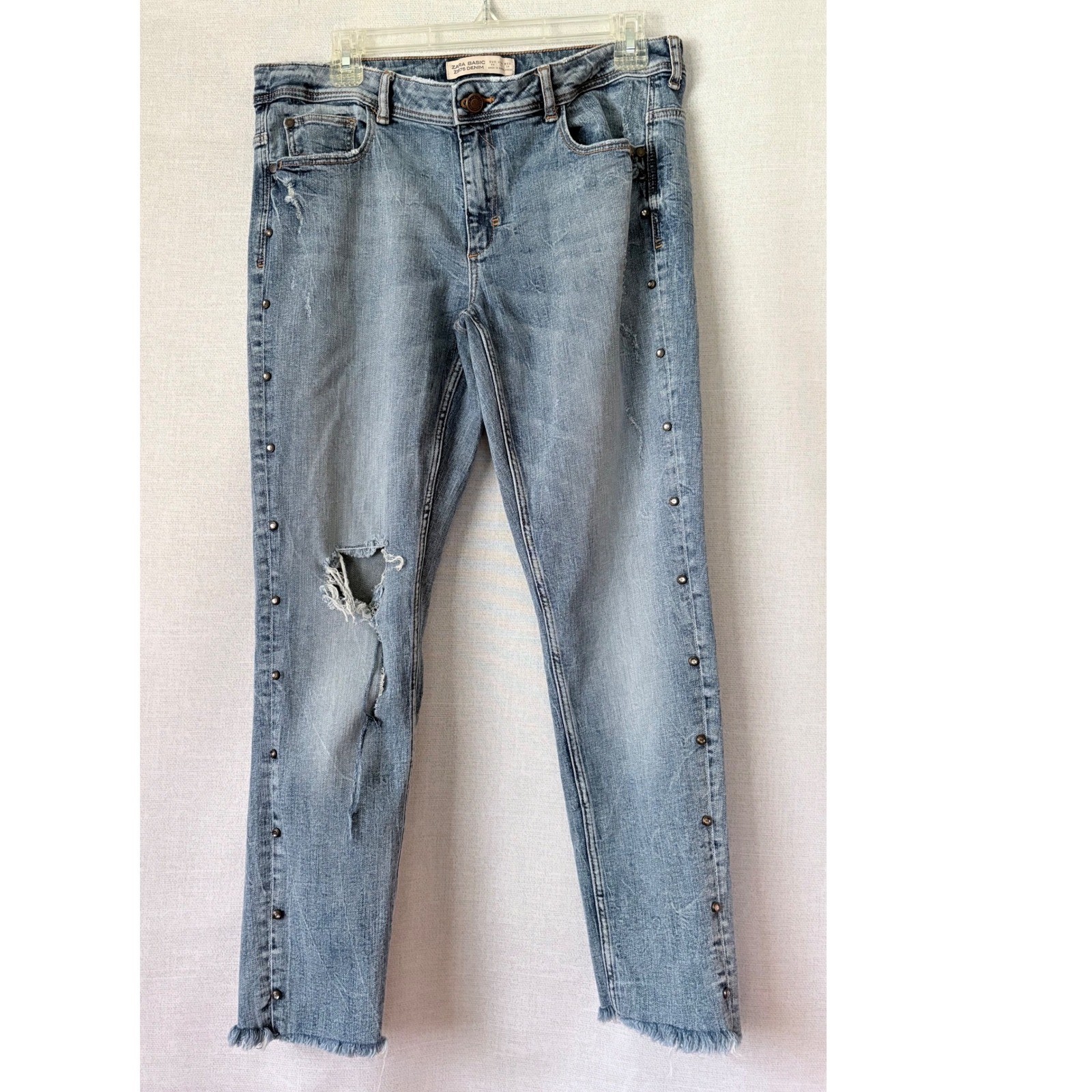 Zara Basic Z1975 Denim Pearl Studded Distressed Skinny Jeans Blue Womens Size 12