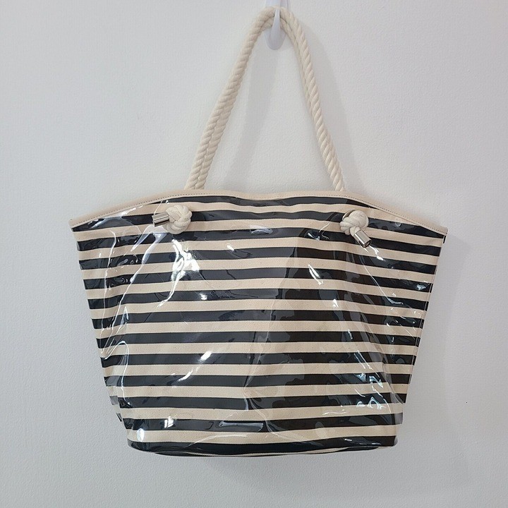 NWOT Agnes B. Striped Beige Black Canvas Vinyl Beach Tote Bag