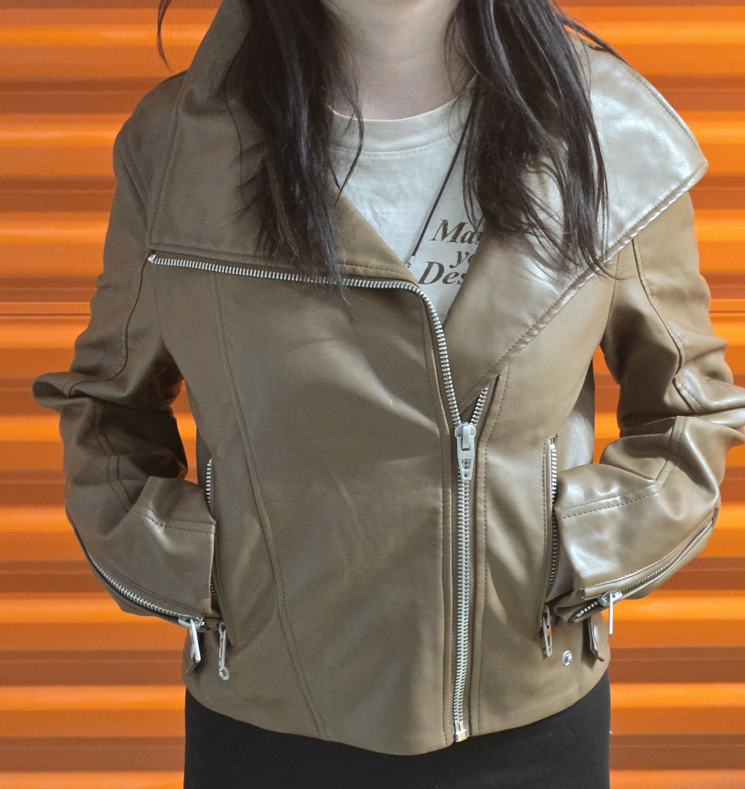 camel brown Blank NYC faux leather moto jacket Size S