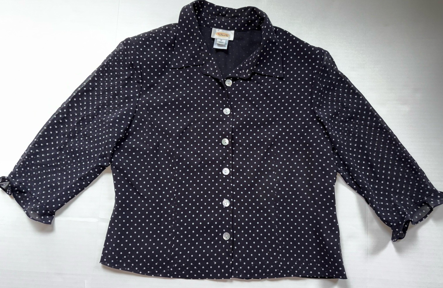 Vintage Talbots Lined Polka Dot Blouse Top Sz 14 Classic Shoulder Pads Sheer 3/4