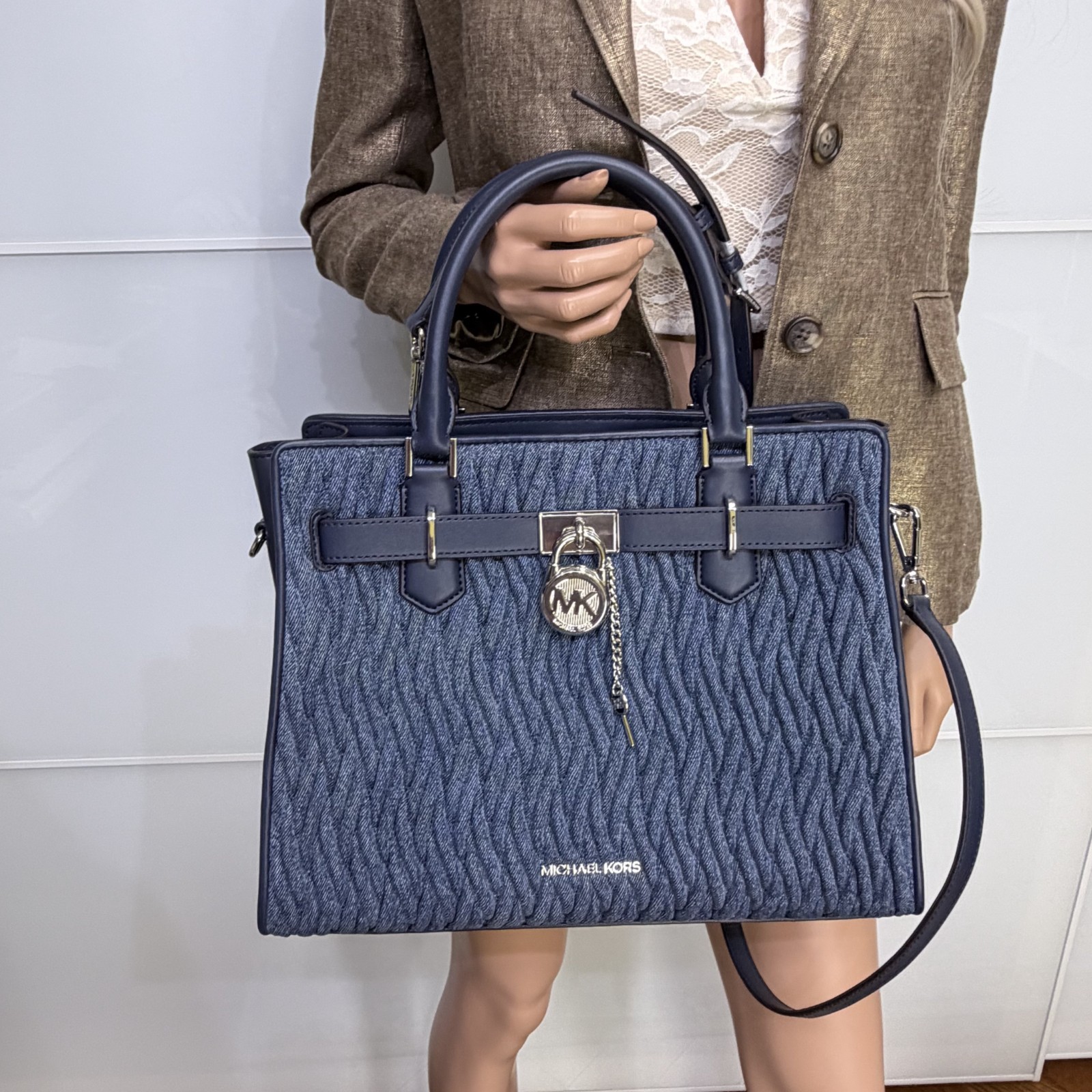 Michael Kors Set Hamilton MD Matelassé Denim Satchel Bag Denim Blue