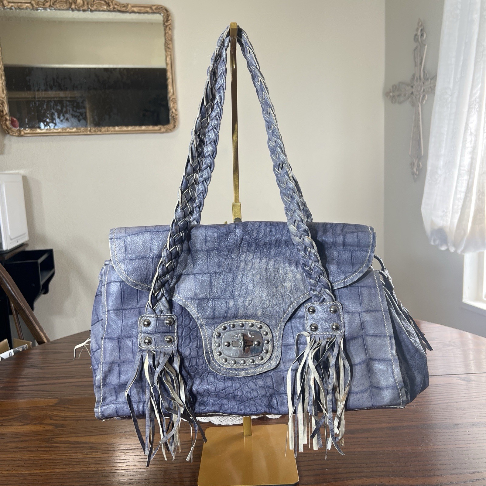 Italian Leather Western Boho Fringe Braccialini Satchel Shoulder Bag