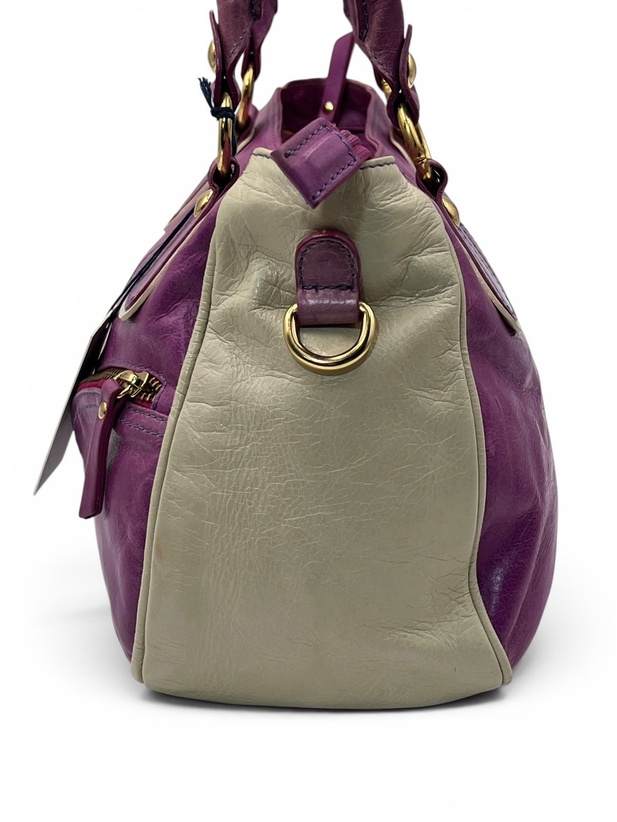 Vintage Roberta Gandolfi Italian Leather Bowler Bag Purple Beige Y2K Purse Tote