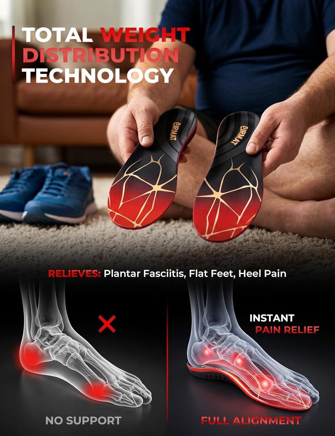 Work Boot Insoles High Arch Support Plantar Fasciitis M