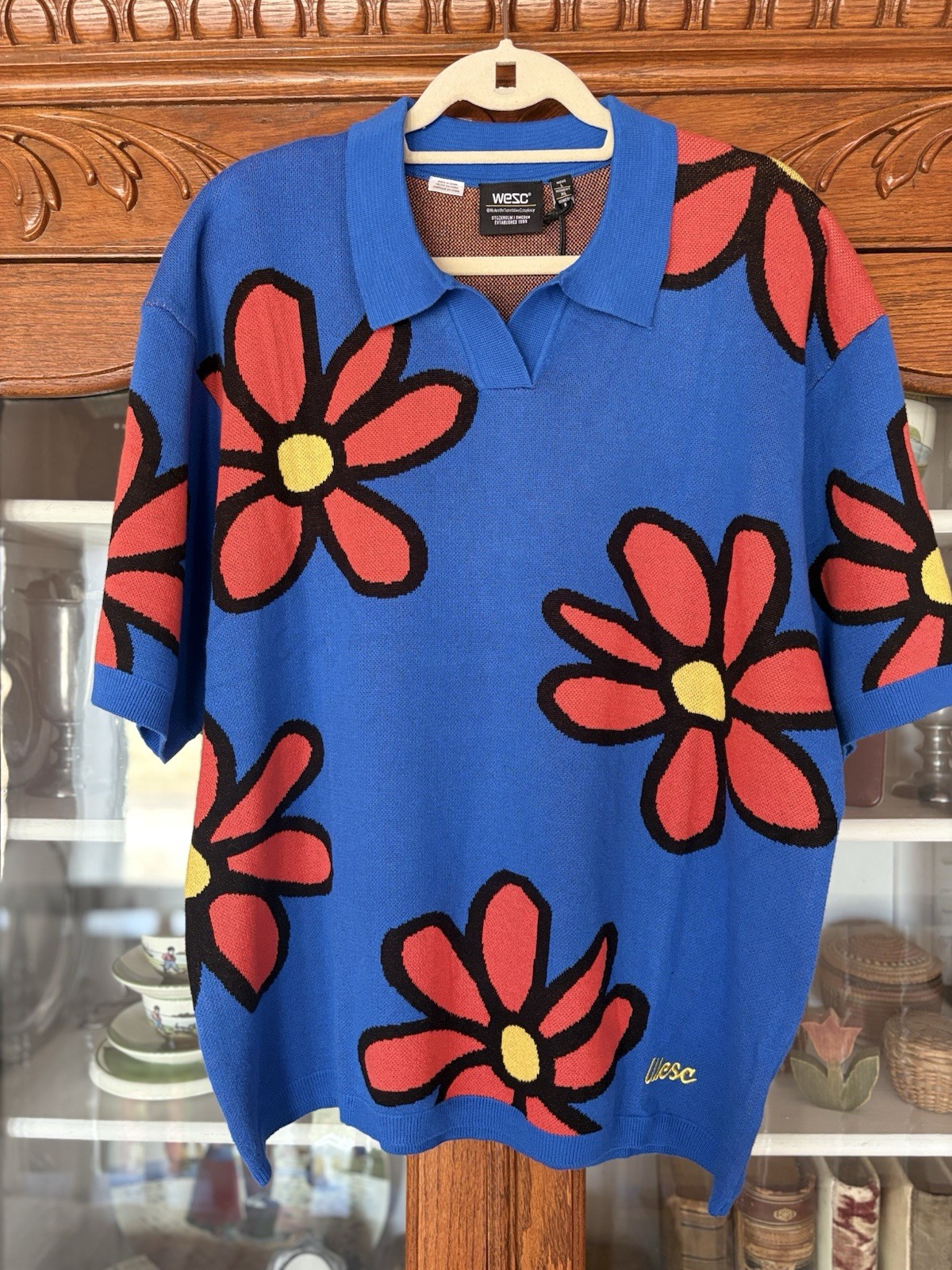 NWT WESC SIZE L MENS BLUE FLORAL COTTON KNIT COLLARED PULLOVER POLO AMAZING!