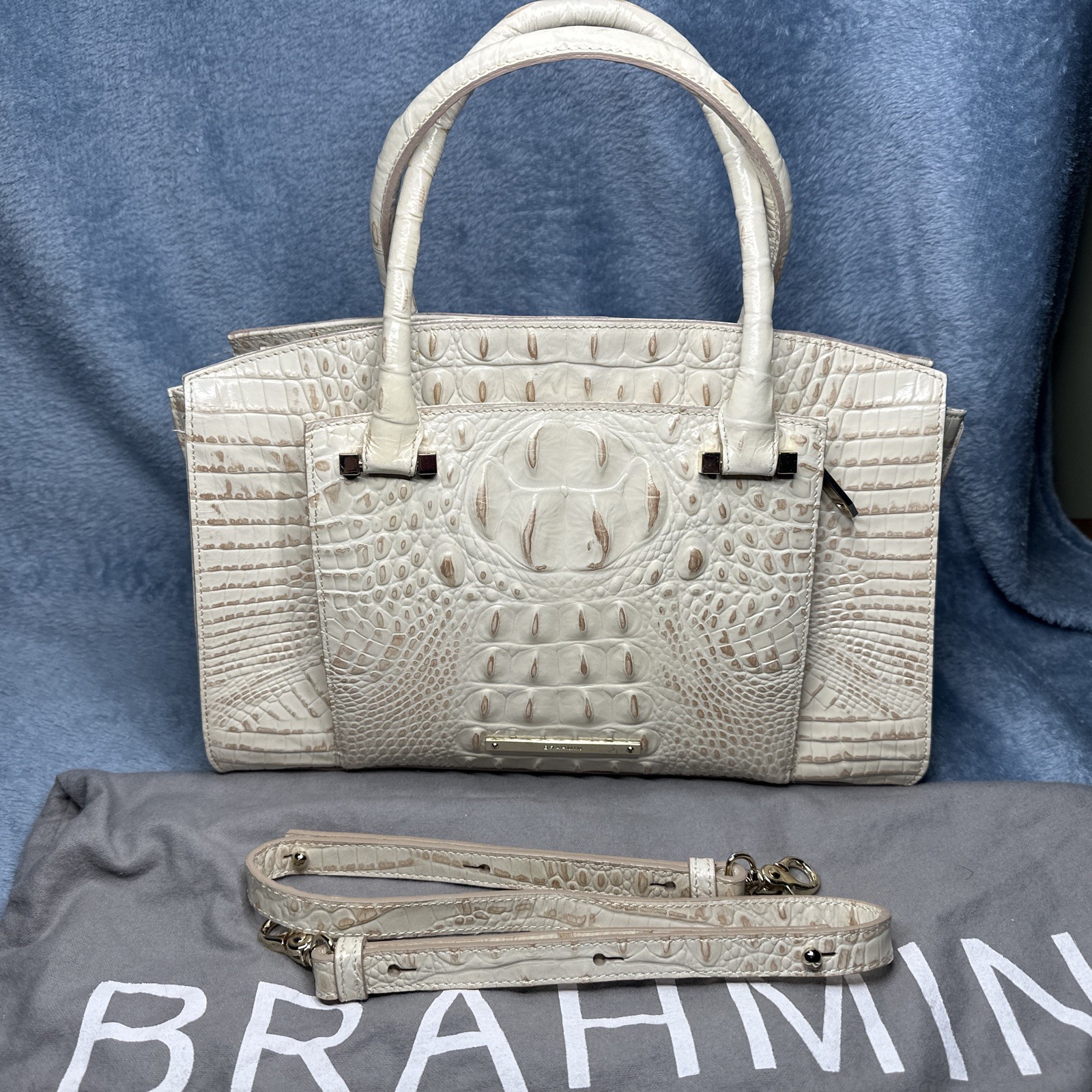 Brahmin Greta Satchel Bag With Crossbody Strap Cream Gold Croc Embossed