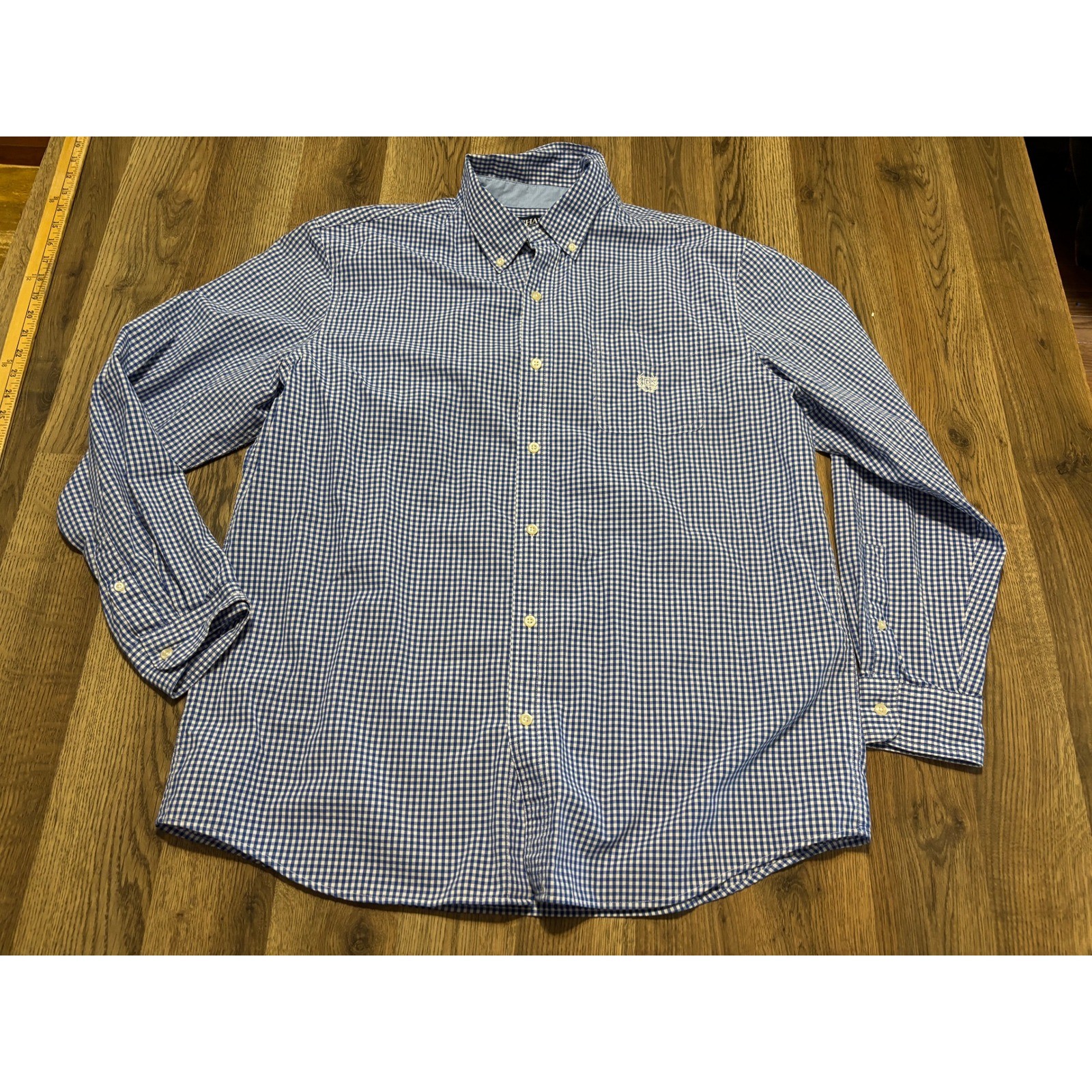 Chaps Button Down Shirt Mens XL Blue Gingham Easy Care Excellent