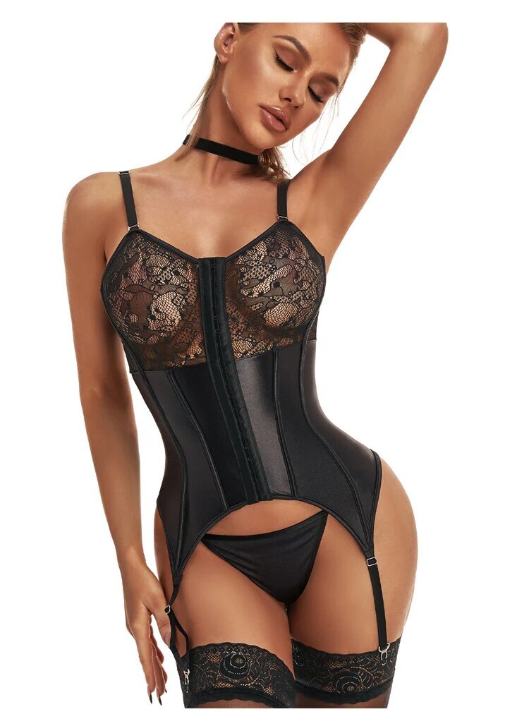 Lace up Back Corset Bustier Lingerie Set Waist Cincher Corset Girdle with Garter
